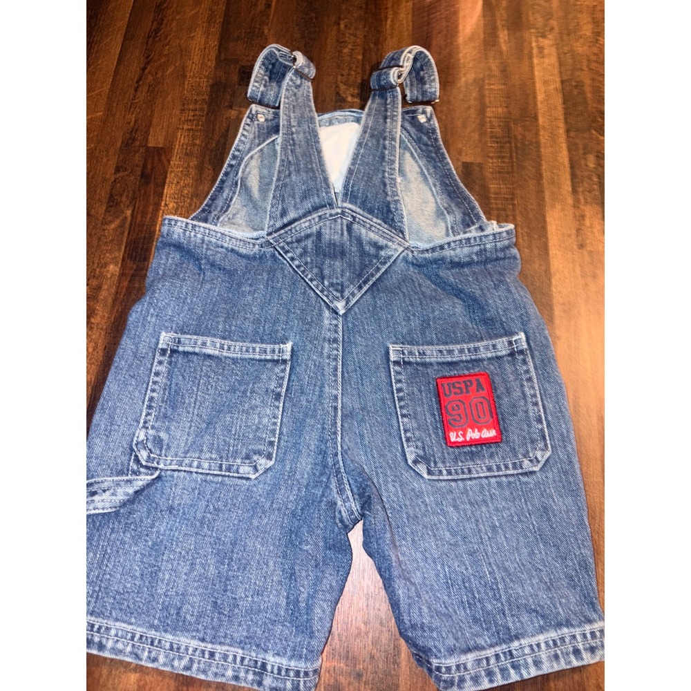 US Polo Assn Kids Denim Shortalls Blue Overalls 4T USA Flag 90 Graphic Vintage - Picture 6 of 7